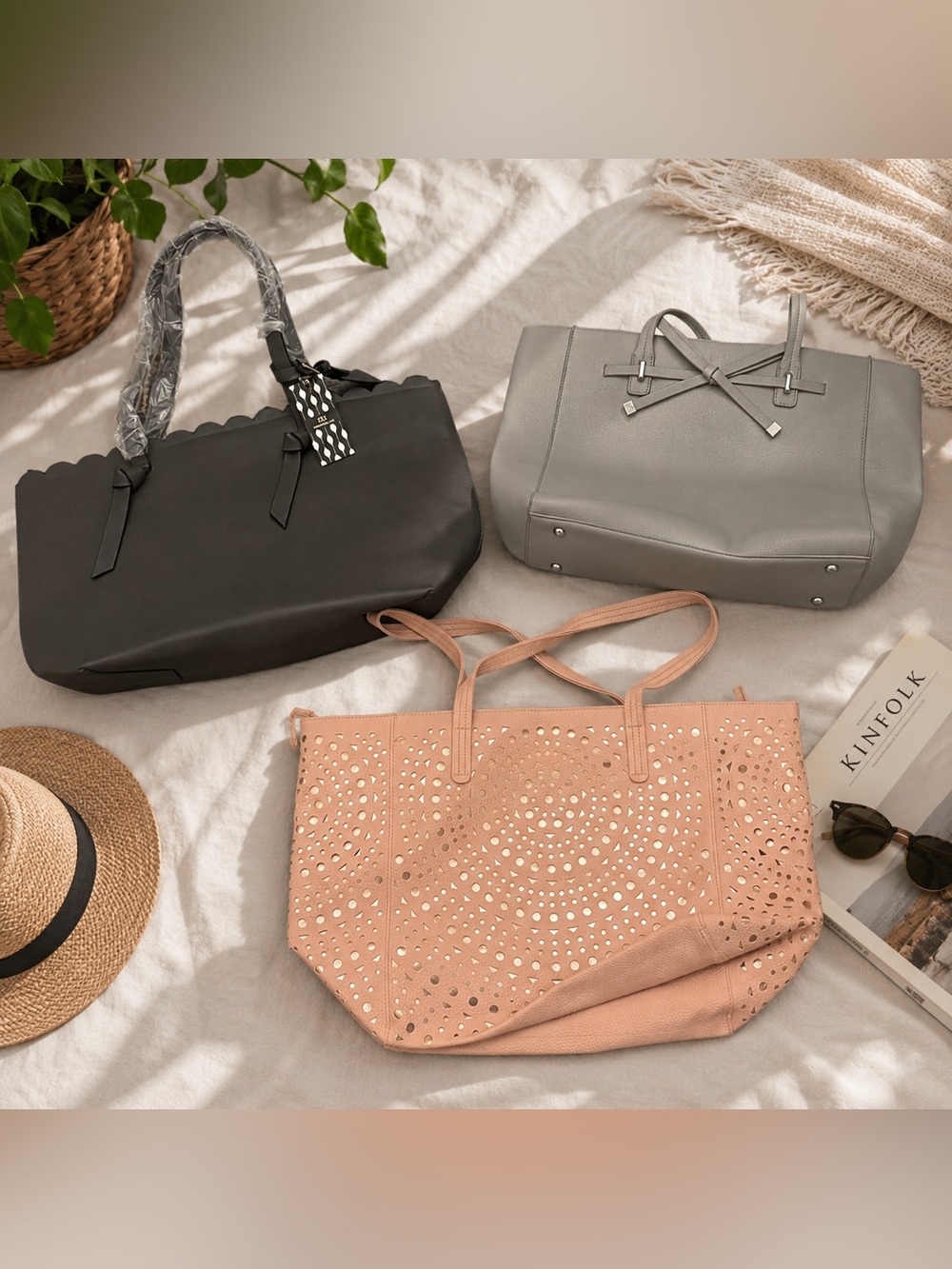 3-Piece Tote Bag Bundle | Black Scalloped Tote, Gray Bow Tote & Blush Laser Cut